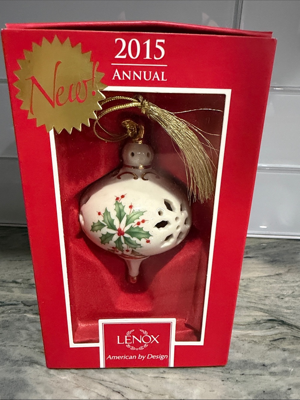 Lenox White Holly Porcelain Holiday Ornament with Gold Tassel